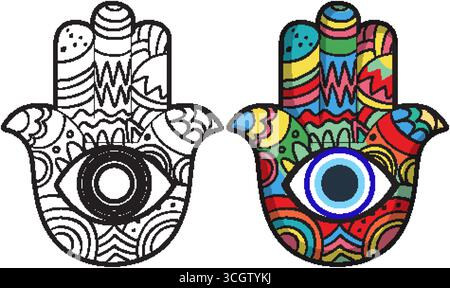 Vektor-Illustration von Hamsa-Händen, eine farbige, eine umrissene, mit auffälligen geometrischen Mustern Stock Vektor