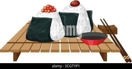 Zwei Onigiri-Reisbällchen mit Toppings, Algenpackung, Sojasauce, Essstäbchen, Vektorillustration Stock Vektor