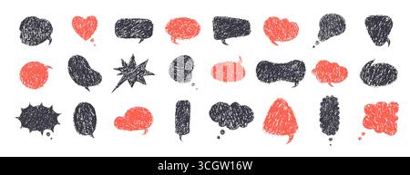 Ballon-Sprechstifte. Textboxen für Kinder, die mit Buntstift-Kritzeleien und Kreidekritzeleien versehen sind. Dialogfelder für schwarze und rote Zeichentrickfilme Stock Vektor