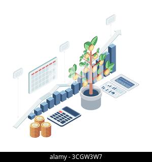 Isometrische langfristige Investitionen und Wachstum des Geldbaums mit Finanzdiagramm. Langfristiges Investitionskonzept und Verbundzinskonzept Stock Vektor