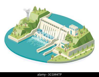 Wasserdamm. Wasserkraftwerk. Erneuerbare grüne, nachhaltige Wasserkraft. Hochspannungsleitungen. Kraftwerk. Stromerzeugung. Stock Vektor