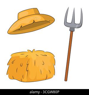 Satz von landwirtschaftlichen Werkzeugen mit Heugabel, Strohhut und Heu-Vektor-Illustration. Vektorillustration von landwirtschaftlichen Werkzeugen und Zubehör auf weißem Hintergrund. Stock Vektor