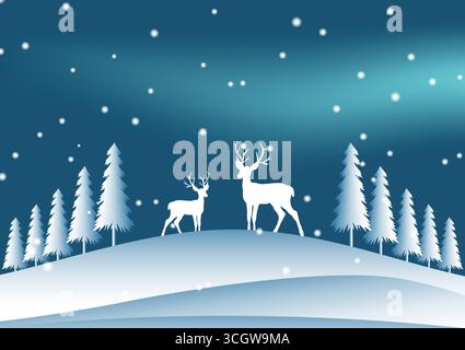 Winterlandschaft mit Rentier und Kiefer. Vektorabbildung. Stock Vektor