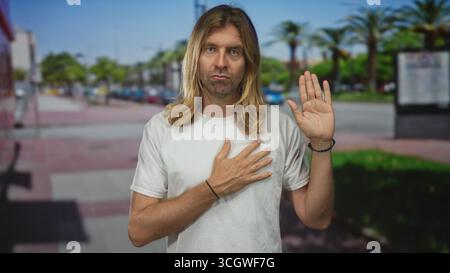 Mann mit langen blonden Haaren in weißem T-Shirt hält eine Hand auf der Brust und hebt die andere Hand auf einer sonnigen Straßenszene; persönliches Versprechen gelobt Aufrichtigkeit. Stockfoto