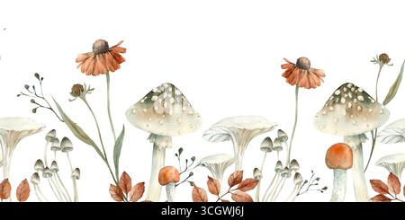 Nahtlose Herbstgrenze mit Waldpflanzen. Hand gezeichnet von Aquarellfarn, Blättern, Pilzen Stockfoto