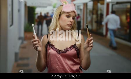 Frau in Nachtwäsche mit Zahnbürsten auf einer Straße in der Stadt nachts, trägt eine Schlafmaske mit Hasen, die eine Nachtroutine im Freien widerspiegelt. Stockfoto