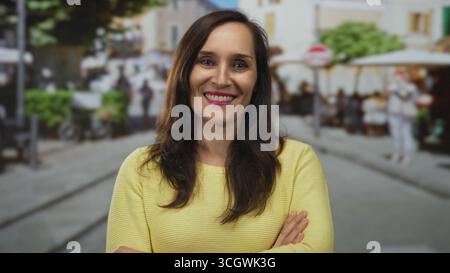 Die junge hispanische Frau kreuzt die Arme mit einem leichten Lächeln und geschlossenen Augen auf der sonnenbeschienenen Straße; leugnet die Ablehnung. Stockfoto