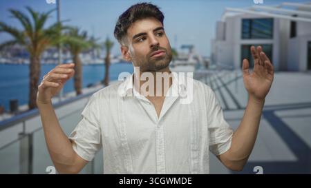 Mann zuckt Arme offen auf der Straßenterrasse neben Betonbau und Palmen am Meer; Gleichgültigkeit. Stockfoto