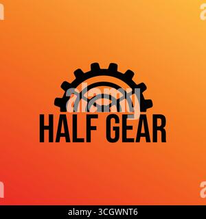 Konzept für mechanische Zahnräder. Halbes Zahnrad oben im Text. Abstraktes Logo-Symbol. Illustration eines einfarbigen Vektors Stock Vektor