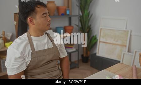 Der Mann zeigt ein lächelndes Gesicht und eine entspannte Haltung in einem handwerklichen Atelier, das mit Töpferwerkzeugen und Pflanzen gefüllt ist; Gelassenheit. Stockfoto
