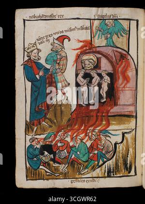 Schadrach, Meshach und Abednego gossen in den Feuerofen, aus einer Handschrift mit Kommentaren zu Daniel, Jeremia, Makkabäer und Judith, geschrieben 1396 vom Freiburger Priester Rüdiger Schopf, verziert mit farbigen Stift- und Tuschezeichnungen, die zwischen 1392 und 1415 für die Kartause Freiburg geschaffen wurde. Stockfoto