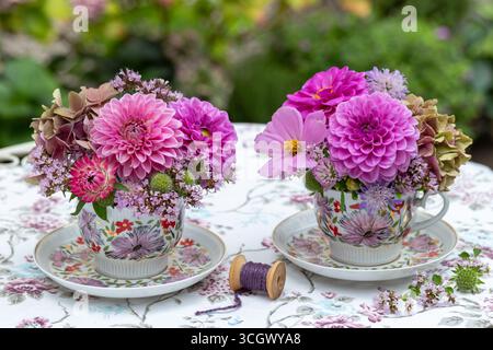 Blumenarrangements von rosa Dahlien, Hortensie Blüten, Kosmos Blüten, Schorf- und Strohblumen in Vintage Porzellanbechern Stockfoto