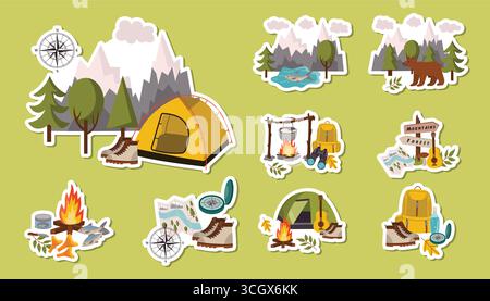 Set mit Aufklebern für Campingkompositionen mit Bergen, Zelt, Baum, Kamin, Kompass und mehr im flachen Cartoon-Stil. Witziges Outdoor-Design für unterwegs, hik Stock Vektor