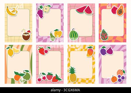 Groovige Notizbuchseite mit farbenfrohem Rahmen und Obstaufkleber in flachem Cartoon-Design. Lustiges dekoratives Layout für Scrapbooking, Journaling, Briefpapier Stock Vektor