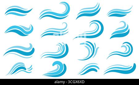 Set von Wasserwellen im flachen Cartoon-Stil. Ozean- und Meereselemente für Sommer und Strand, Meeresmotive und digitale Projekte, Kinderdesign und Dekoration Stock Vektor
