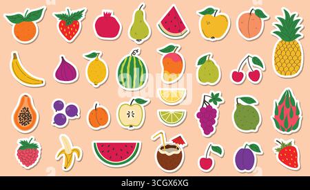 Set mit farbenfrohen Obstaufklebern im flachen Cartoon-Stil. Helle und verspielte Symbole für Sommer, Lebensmittel, gesunde Ernährung, digitales Design, Scrapbooking, Kind Stock Vektor