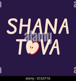 Grußkarte mit Shana Tova Text und Halb Apfel Frucht Symbol auf dunklem Hintergrund für Rosch Hashanah Urlaub in flachem Stil. Stock Vektor