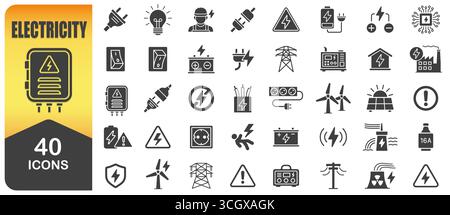 Symbolsatz Elektrizität. Sammlung Flacher Symbole Für Elektrische Vektoren Mit Strom, Energie, Steckern, Schaltern, Batterien, Windturbinen Und Elektrik Stock Vektor