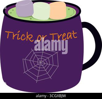 Halloween Cup mit Spinnennetz-Schriftzug „Trick or Treat“ und „Hexentrank“ und „Marshmallow“-Halloween-Design. Isolierte Vektor-Illustration Gruß Thematische Karten Banner, Poster, Preis, Flugblätter, Party-Einladung Stock Vektor