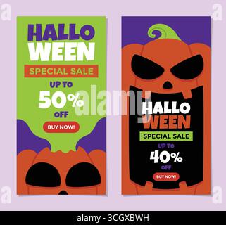 Einfaches vertikales Halloween-Banner-Set mit lächelnden Kürbiselementen auf violettem Hintergrund, perfekt für kommerzielle Verwendung in Print, Web und sozialen Medien Stock Vektor