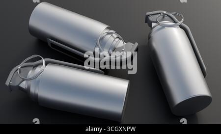 Eine 3D-Darstellung des Tränengaskanisters. Die klassische Form einer Granate, sie soll chemische Reizmittel abgeben. Stockfoto