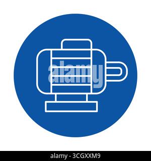 Diese Vektor-Illustration zeigt ein einfaches Line Art Design eines Elektromotors vor einem blauen kreisförmigen Hintergrund, ideal für Technologie und Motor Stock Vektor