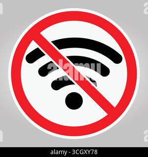 Eine auffällige Abbildung, die ein Symbol ohne WLAN in einem roten Kreis zeigt und Probleme im Zusammenhang mit der Internetverbindung und Kommunikationsunterbrechungen hervorhebt Stock Vektor