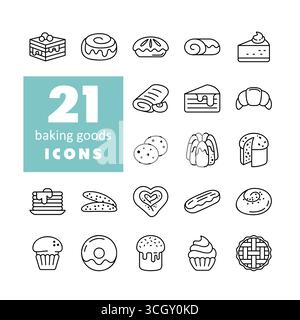 Eine Sammlung von 21 Vektorlinien-Symbolen für verschiedene Backwaren, einschließlich Brot, Kuchen, Gebäck und Süßigkeiten. Perfekt für Menüs, Food-Apps und des Stock Vektor