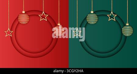 Set aus Weihnachts- und Neujahrshintergründen im Papierschnitt mit hängenden Kugeln und Sternen. Stock Vektor