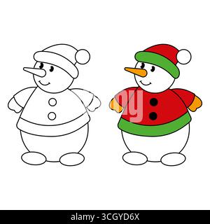 Illustration Des Weihnachtsschneemanns. Farbige Version und Gliederungsversion. Dieses bezaubernde Design mit Wintermotiven ist ideal für Weihnachtskarten und Weihnachtsdekorationen. Stock Vektor