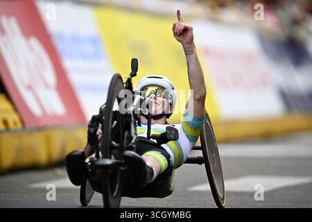 Ronse, Belgien. 30. August 2025. Die Tschechische Republik Vaclav Antal (MH3) feiert nach dem Sieg im Straßenrennen bei der UCI Para-Cycling Road World Championships am Samstag, den 30. August 2025 in Ronse. Die UCI Para-Cycling Road World Championships finden vom 28. Bis 31 August in Ronse statt. BELGA FOTO JASPER JACOBS Credit: Belga News Agency/Alamy Live News Stockfoto
