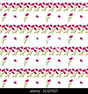 Rote Tulpen im Cartoon-Stil. Süße Frühlingsblumen. Nahtloses Muster. Vektorabbildung. Stock Vektor