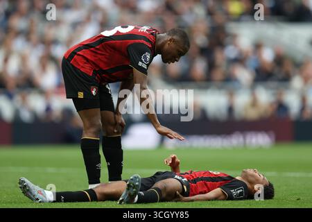 London, Großbritannien. 30. August 2025. Bafode Diakite (18 Bournemouth) überprüft Tyler Adams (12 Bournemouth) während des Premier League-Spiels zwischen Tottenham Hotspur und Bournemouth im Tottenham Hotspur Stadium in London (Foto: Alexander Canillas/Sports Press Photo/SPP) Credit: SPP Sport Press Photo. /Alamy Live News Stockfoto