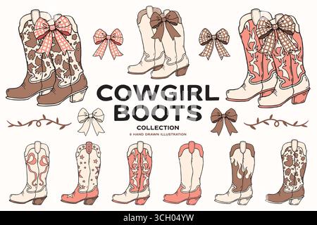 Handgezeichnete Cowgirl-Stiefel-Kollektion mit Schleifen im Western-Stil Stock Vektor