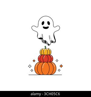 Niedlicher Geist, der über einem Stapel Kürbisse schwebt, ein einfacher Halloween-Illustrationsvektor Stock Vektor