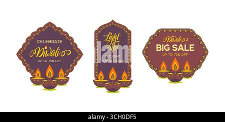 Satz indischer Banner mit Diya für Diwali Sale und Discount. Stock Vektor