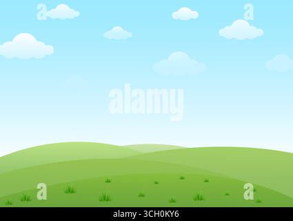 Grüne Grasfeldlandschaft mit blauem Himmel. Vektorabbildung. Stock Vektor
