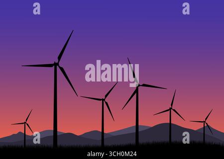 Windturbinengenerator Silhouette Bei Sonnenuntergang. Vektorabbildung. Stock Vektor