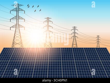 Green Energy-Konzept mit Sonnenkollektoren und elektrischen Türmen. Alternative saubere Energie. Erneuerbare Energiequellen. Grüne Energie. Vektorabbildung. Stock Vektor