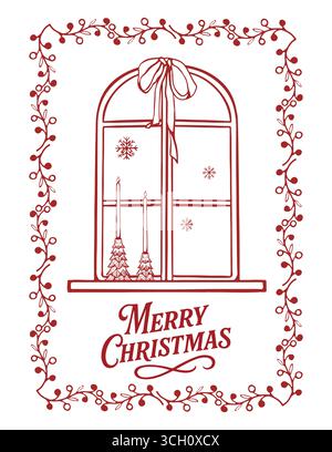 Winter-Urlaubskarte. Weihnachtsfenstergrüße. Weihnachtsvorlagen. Karte mit Schriftzug, Winterfenster, Schneeflocken und Kerzen. Skurriler Rahmen. Weihnachtsthemen und -Szenen. Interieur im Retro-Weihnachtsstil, einfarbige grafische Umrisse. Vektor-Vintage-Illustration in roter Farbe. Stock Vektor