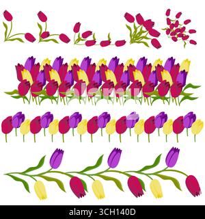 Set aus Tulpenrändern und Ecken für Ihr Design. Vektorillustration isoliert auf weißem Hintergrund. Stock Vektor