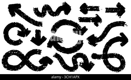 Großer Satz schwarzer Pfeile mit Pinselstrichen, gezeichnetem Marker oder Stift. Sammlung von handgezeichneten Grunge-Elementen mit verschiedenen Formen und Richtungen Stock Vektor