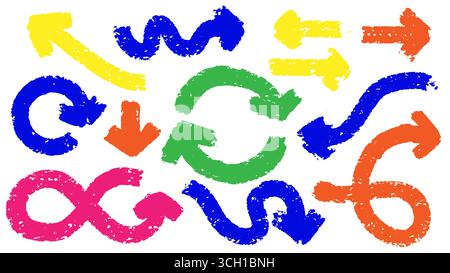 Großer Satz farbenfroher Pfeile mit Pinselstrichen, gezeichnetem Marker oder Stift. Sammlung von handgezeichneten Grunge-Elementen in verschiedenen Formen und Stock Vektor