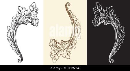 Gedrehtes Retro-Designelement mit Acanthus-Blatt. Dekoratives Ornament mit Vintage-Schriftrolle und Blättern. Isolierte Vektordarstellung. Altmodische Kraft Stock Vektor