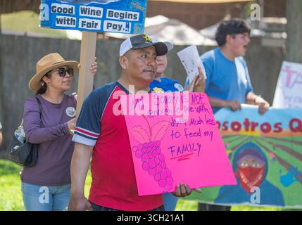 Los Olivos, Kalifornien, USA. 30. August 2025. Männer, Frauen und Kinder marschieren durch die beliebte Weinverkostungsstadt Los Olivos und fordern einen Lebenslohn für die Landarbeiter, insbesondere in den Weinbaugebieten des Santa Barbara County, einer Milionindustrie. Bauern, die sich um die Trauben kümmern, sagen, sie verdienen Pfennig für jede verkaufte Flasche. (Kreditbild: © PJ Heller/ZUMA Press Wire) NUR REDAKTIONELLE VERWENDUNG! Nicht für kommerzielle ZWECKE! Quelle: ZUMA Press, Inc./Alamy Live News Stockfoto
