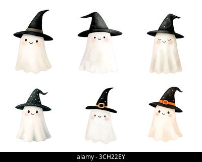 Aquarell Halloween Pack mit Geister Kürbisse Hexen und Fledermäuse Illustration Set Stockfoto