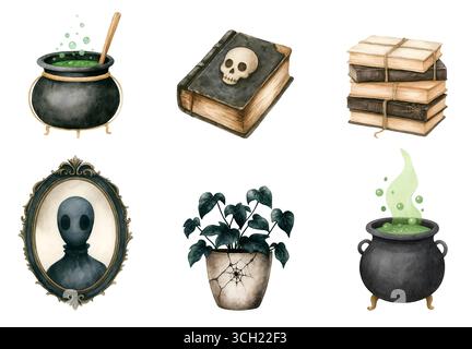 Aquarell Halloween Pack mit Geister Kürbisse Hexen und Fledermäuse Illustration Set Stockfoto