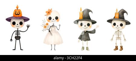 Aquarell Halloween Pack mit Geister Kürbisse Hexen und Fledermäuse Illustration Set Stockfoto