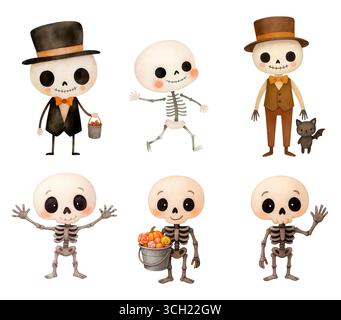 Aquarell Halloween Pack mit Geister Kürbisse Hexen und Fledermäuse Illustration Set Stockfoto