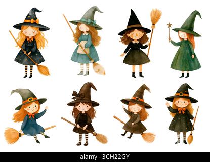 Aquarell Halloween Pack mit Geister Kürbisse Hexen und Fledermäuse Illustration Set Stockfoto